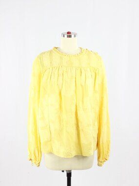 Aritzia WILFRED Lourdes Yellow Sheer Floral Jacquard Peasant Blouse Top, Size S